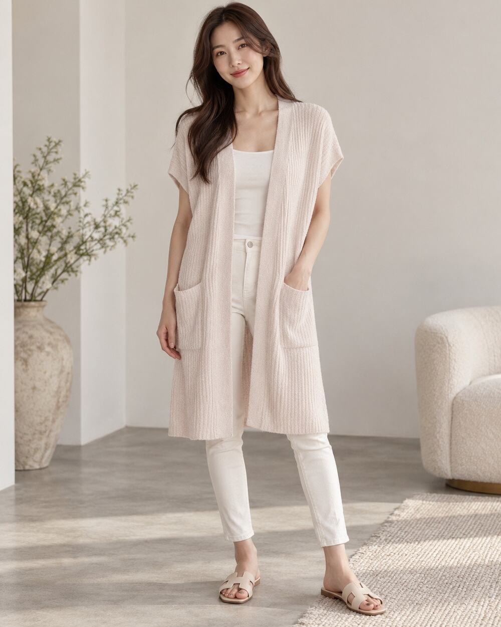 Barefoot Dreams CozyChic Ultra Lite Sleeveless Long Cardigan M/L Cream Coastal